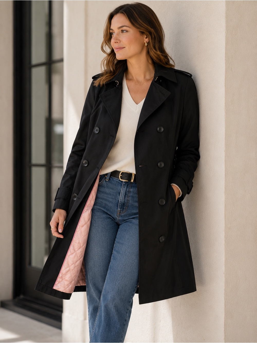 Kate Spade Black Trench Coat Pink Quilted Lining Double Breasted Jacket M